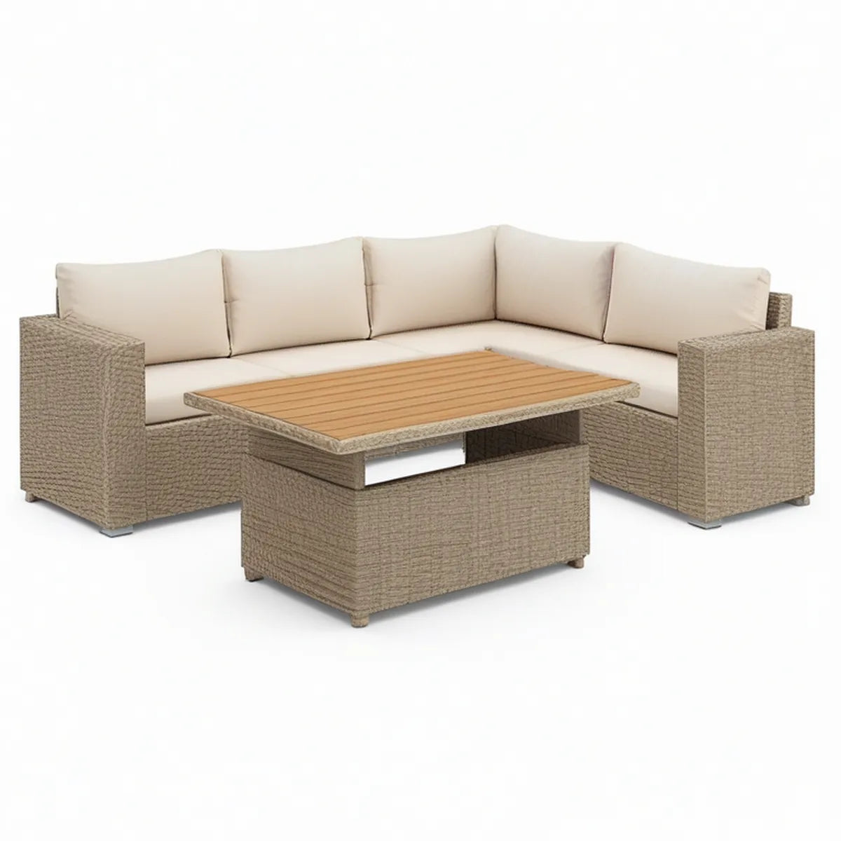 4-Piece Outdoor Beige PE Rattan Corner Sofa Set with Cream Cushions and Acacia Wood Coffee Table, 94.5 x 70.9 x 25.6 in