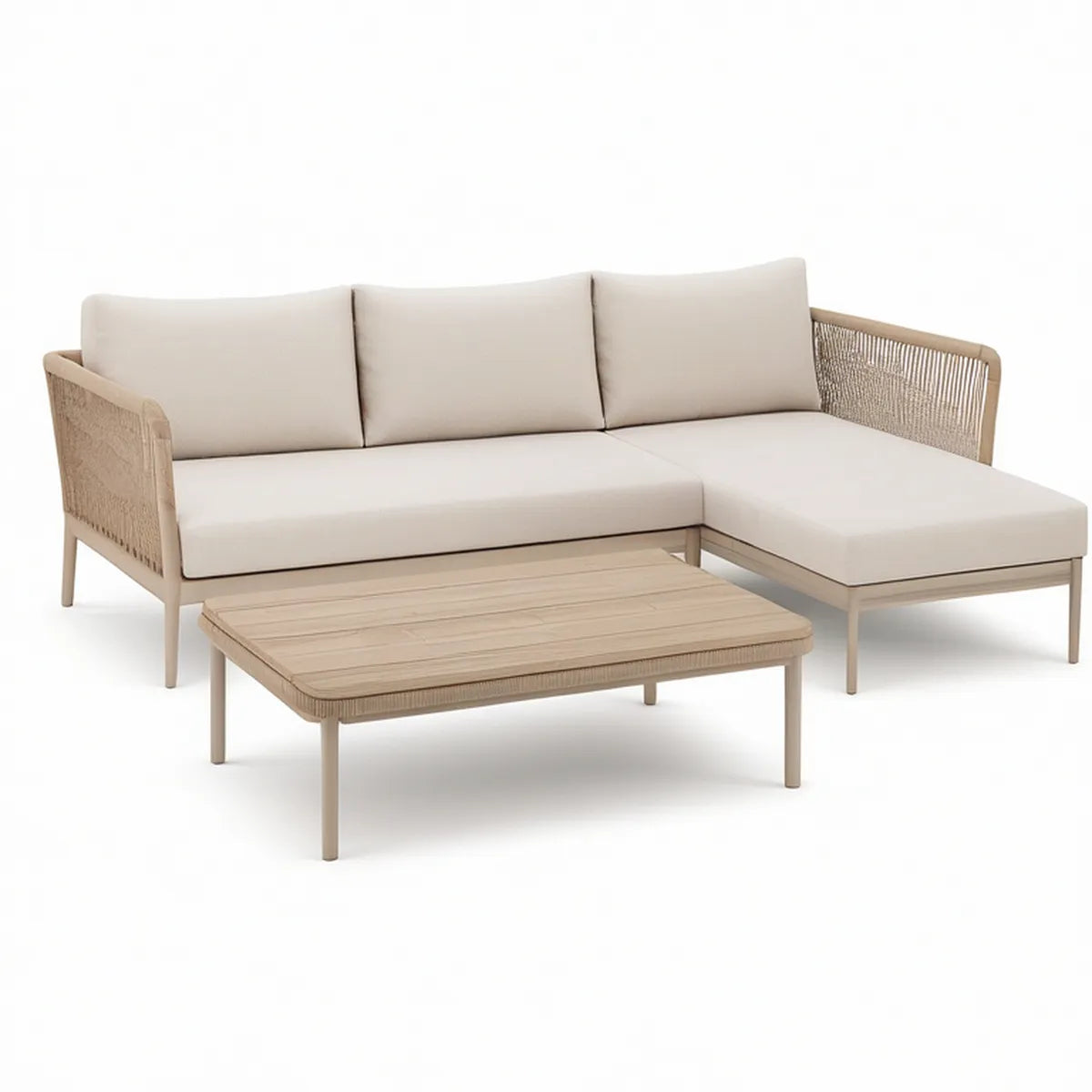Outdoor L-Shaped Sectional Sofa Set with Coffee Table, 86.6 x 59.1 x 29.5 in, Light Beige/Ivory