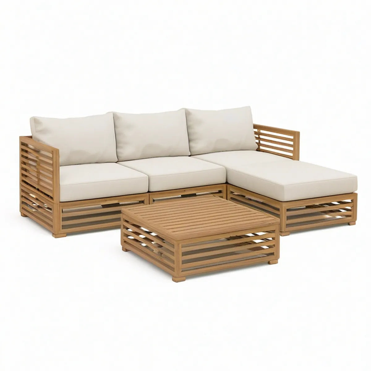 3-Piece Outdoor L-Shaped Sectional Sofa Set with Coffee Table, Natural Acacia Wood and Beige Cushions, 78 x 55 x 27 in