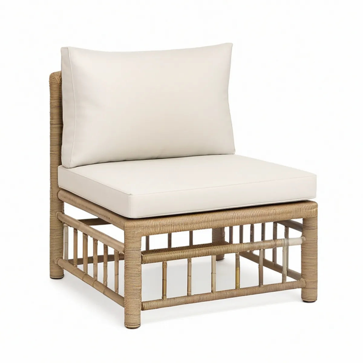 Natural Rattan Lounge Chair with Ivory Cushions, 31.5 x 35 x 33 in