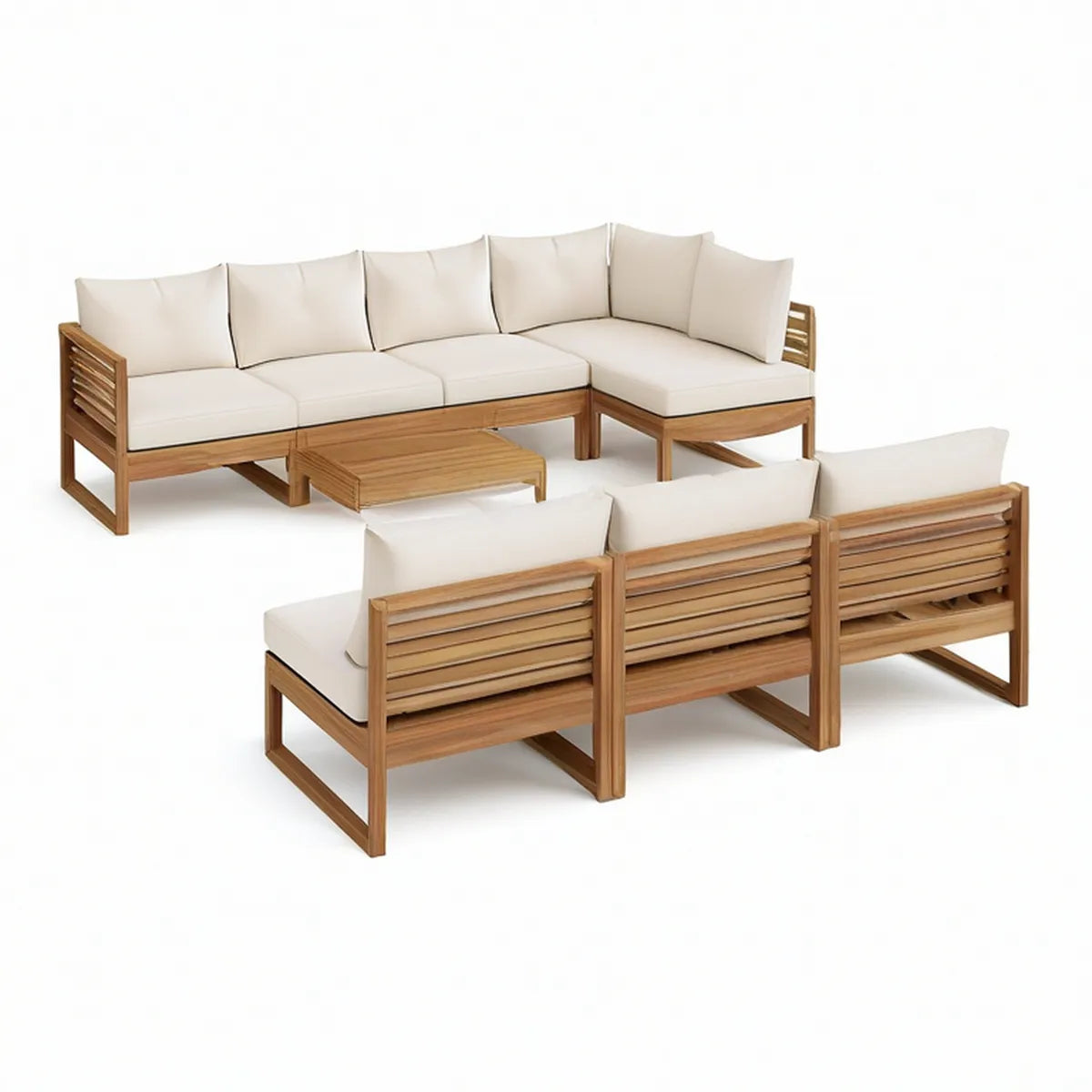 4-Piece Outdoor Acacia Wood L-Shaped Sofa Set with Cream Polyester Cushions, 280 x 180 x 70 cm
