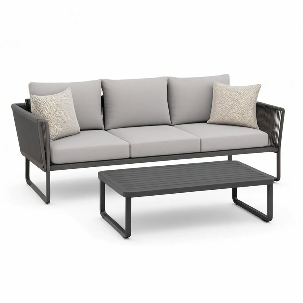 3-Piece Outdoor Sofa Set with Coffee Table, Dark Gray Frame, Light Gray Cushions, 210 x 80 x 76 cm
