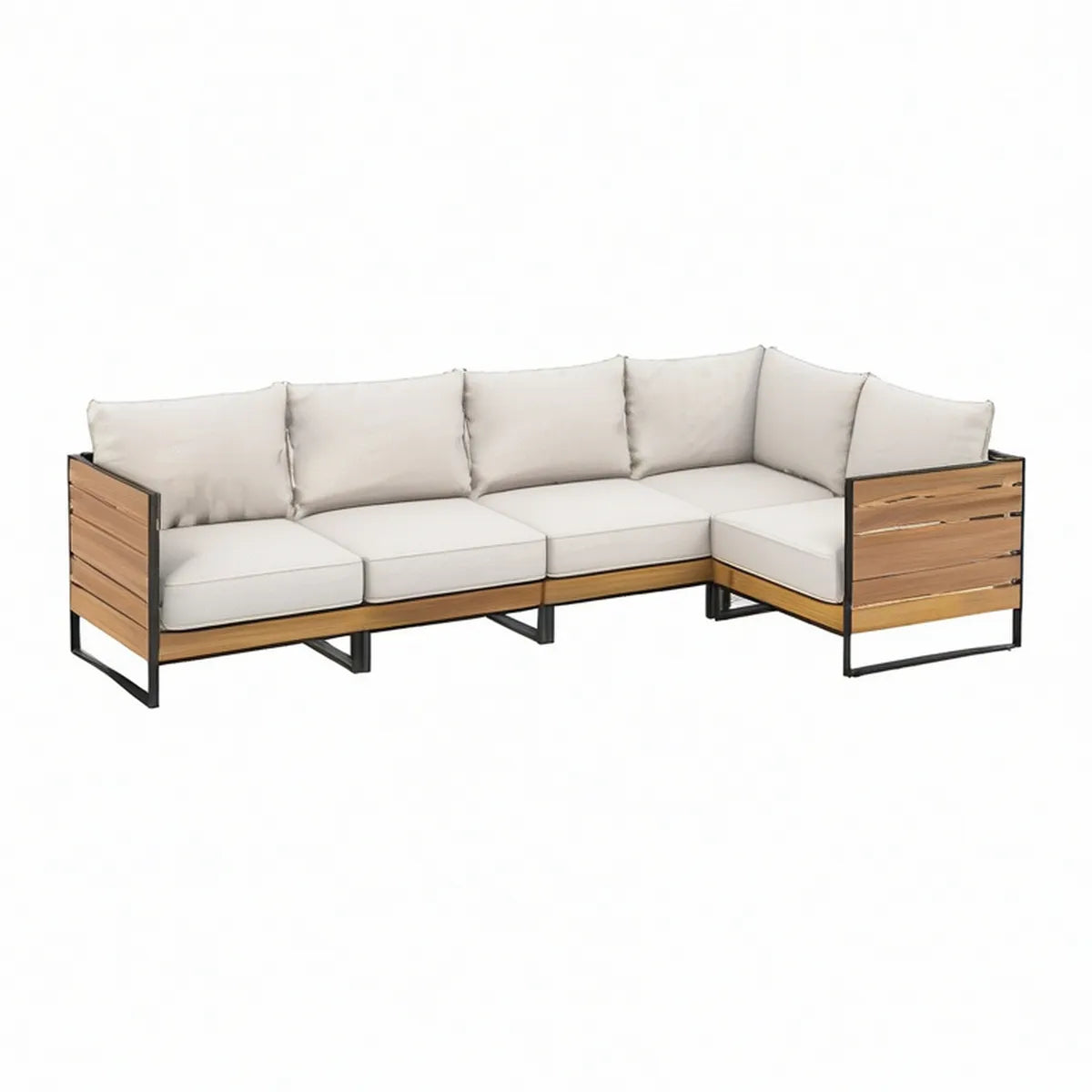 Outdoor L-Shaped Sectional Sofa, 102.4 x 79.1 x 31.5 in, Natural Acacia Wood, Black Steel Frame, Beige Cushions