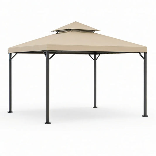 12 ft x 10 ft Beige Outdoor Patio Gazebo with Black Powder-Coated Steel Frame