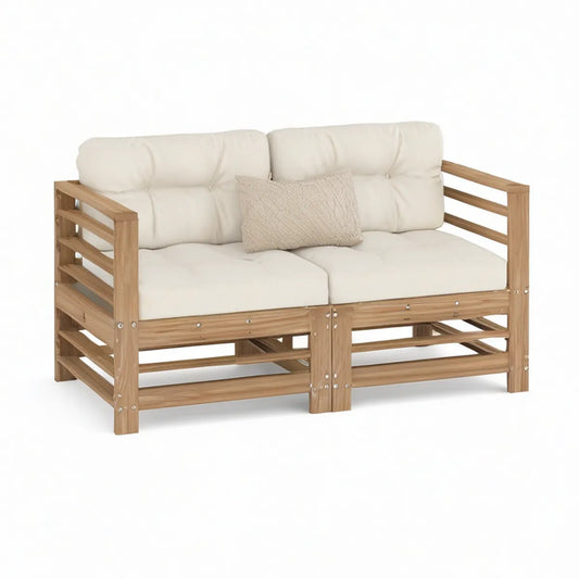 65 x 31.5 x 31.5 in Solid Acacia Wood Outdoor Loveseat with Beige Cushions, Natural Brown/Beige