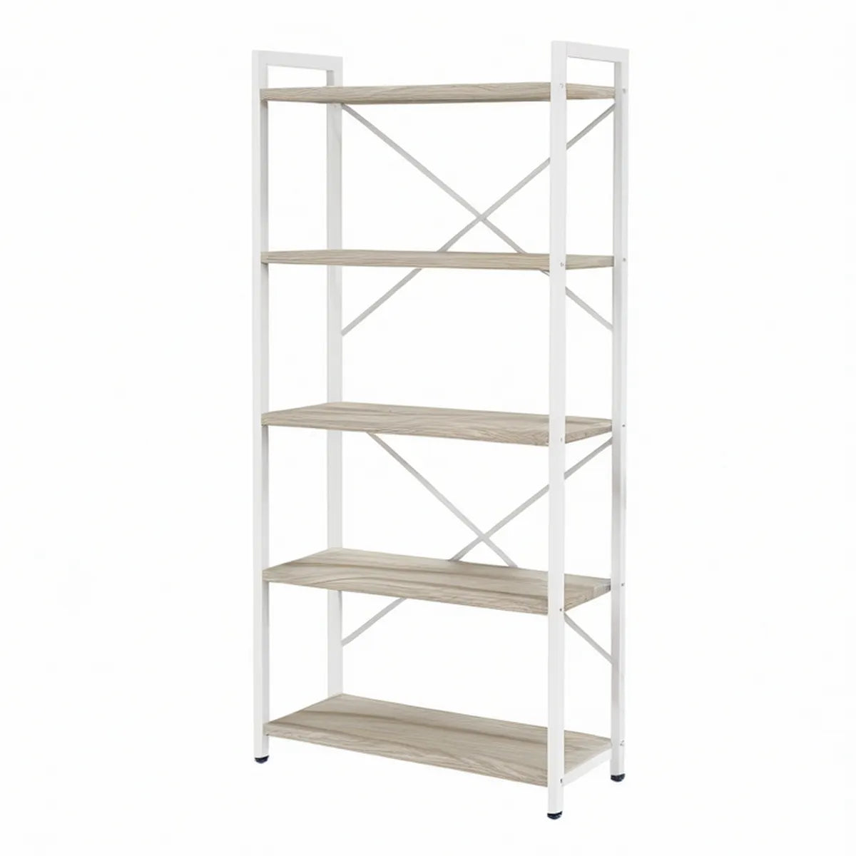 5-Tier Bookshelf, 24 x 12 x 63 in, White Steel Frame with Gray Oak Particleboard Shelves