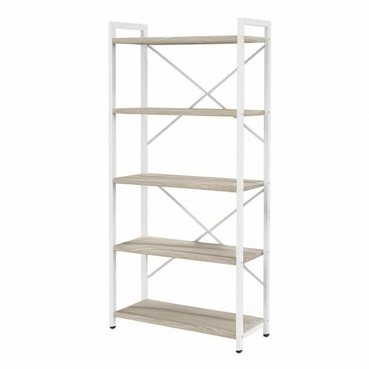 5-Tier Bookshelf, 24 x 12 x 63 in, White Steel Frame with Gray Oak Particleboard Shelves