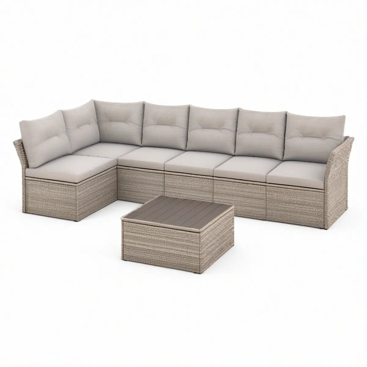 7-Piece L-Shaped Outdoor Sectional Set with Coffee Table, 118.1 x 86.6 x 25.6 in, Beige/Gray