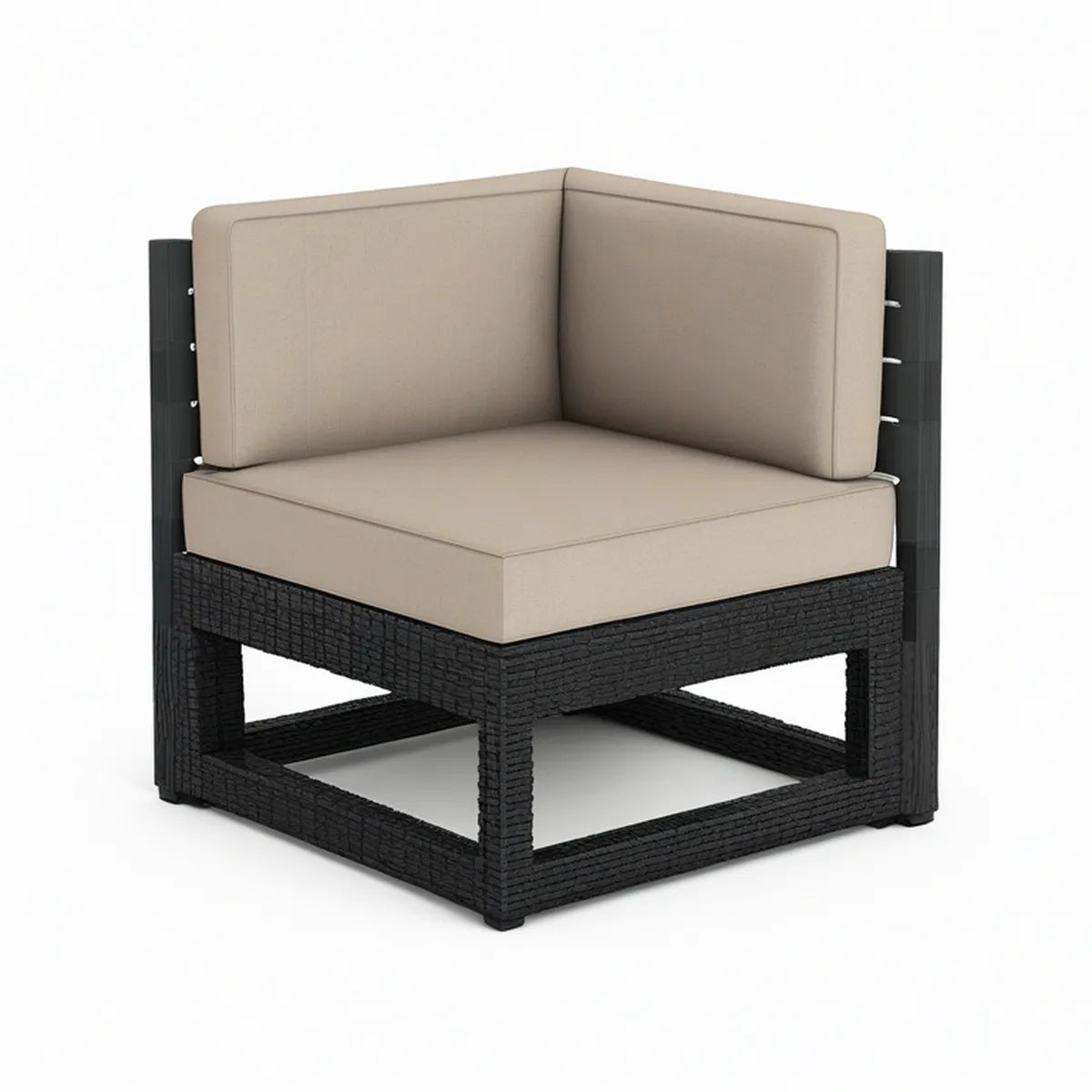 Outdoor Patio Corner Chair with Beige Polyester Cushions, Black PE Rattan, 28.7 x 28.7 x 25.6 in