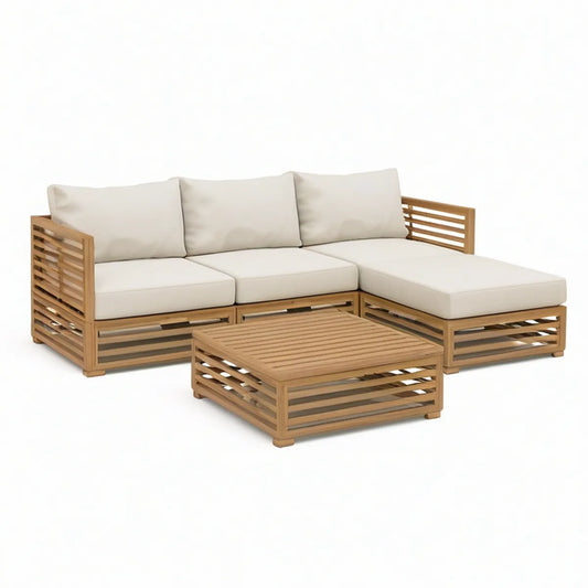 3-Piece Outdoor L-Shaped Sectional Sofa Set with Coffee Table, Natural Acacia Wood and Beige Cushions, 78 x 55 x 27 in
