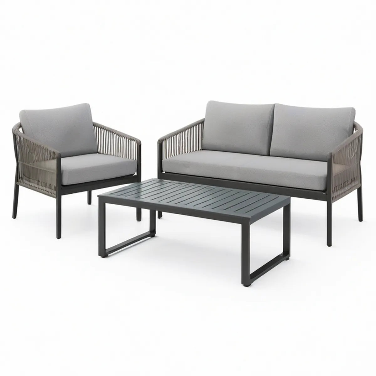 3-Piece Outdoor Patio Loveseat, Armchair and Coffee Table Set, Black/Dark Gray/Gray, Loveseat 51.2 x 27.6 x 30.3 in
