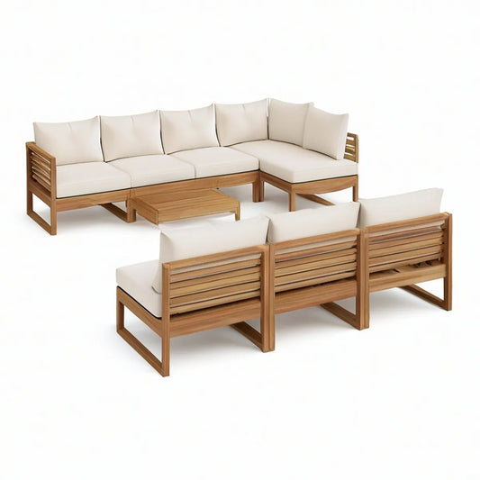 4-Piece Outdoor Acacia Wood L-Shaped Sofa Set with Cream Polyester Cushions, 280 x 180 x 70 cm