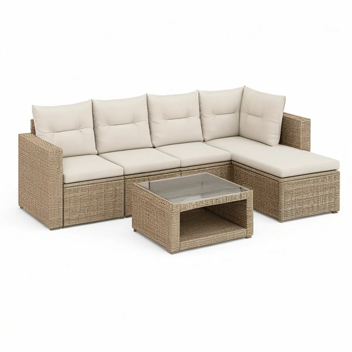 95 x 75 x 25.5 in Beige PE Rattan L-Shaped Outdoor Sectional with Cream Cushions and Glass Coffee Table
