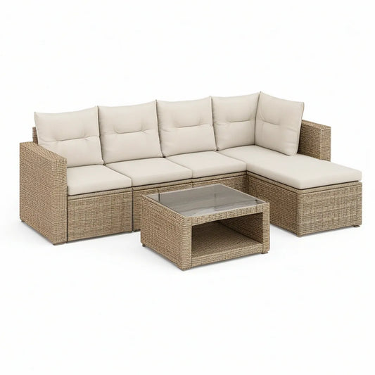 95 x 75 x 25.5 in Beige PE Rattan L-Shaped Outdoor Sectional with Cream Cushions and Glass Coffee Table