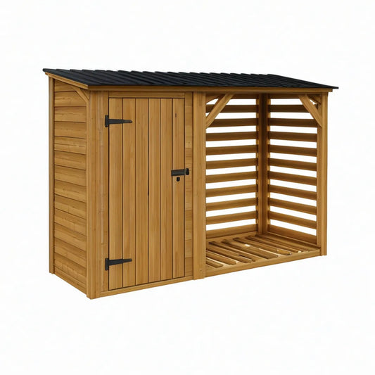 Natural Brown Solid Pine Garden Storage Shed with Open Log Bay, 78.7 x 31.5 x 63 in