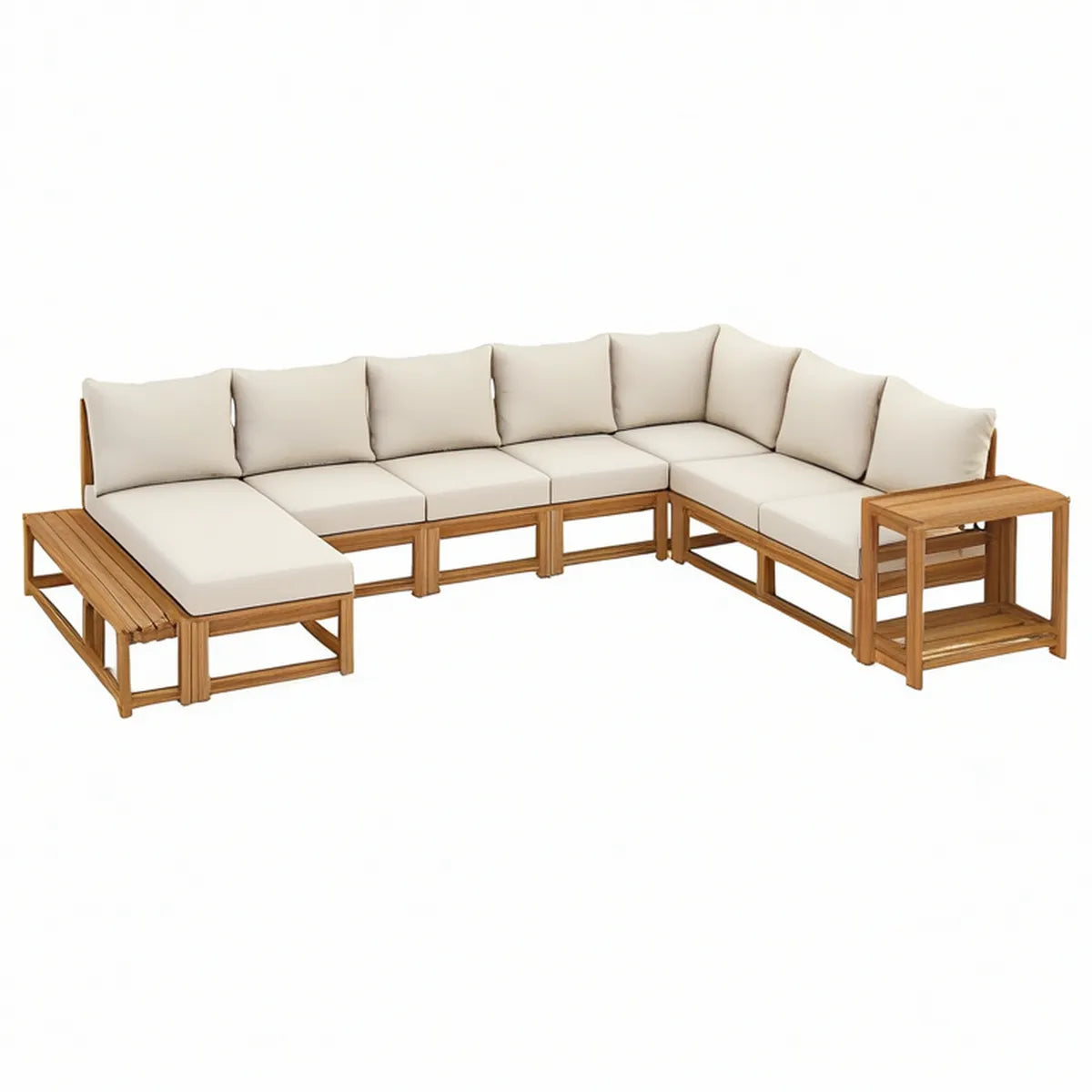 7-Piece Outdoor L-Shaped Sectional Set, 124 x 94 x 32 in, Solid Acacia Wood, Natural Brown/Beige