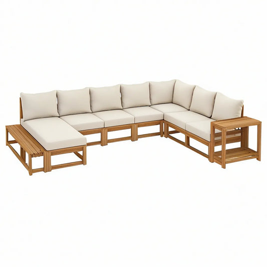 7-Piece Outdoor L-Shaped Sectional Set, 124 x 94 x 32 in, Solid Acacia Wood, Natural Brown/Beige