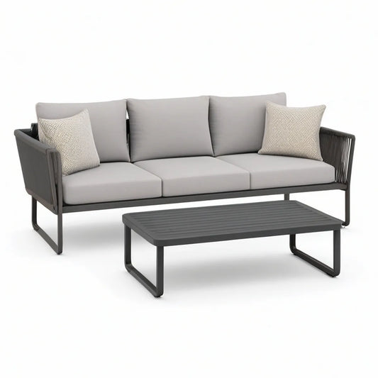 3-Piece Outdoor Sofa Set with Coffee Table, Dark Gray Frame, Light Gray Cushions, 210 x 80 x 76 cm