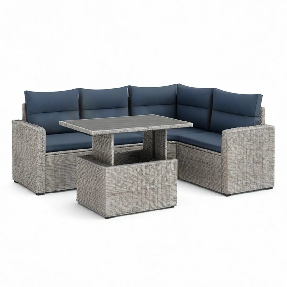 4-Piece Outdoor Corner Sofa Set with Table, Gray PE Rattan and Navy Blue Cushions, 210 x 210 x 73 cm