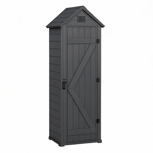 Dark Gray Resin Vertical Outdoor Storage Shed, 32 x 29 x 77 in, Gable Roof