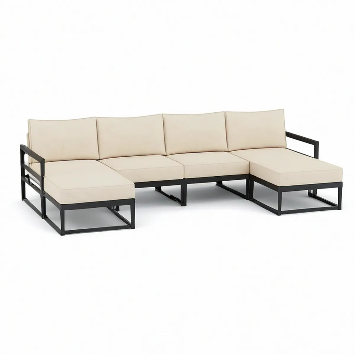 4-Piece Outdoor L-Shaped Sectional Sofa Set, Beige Cushions with Black Powder-Coated Steel Frame, 300 x 150 x 65 cm