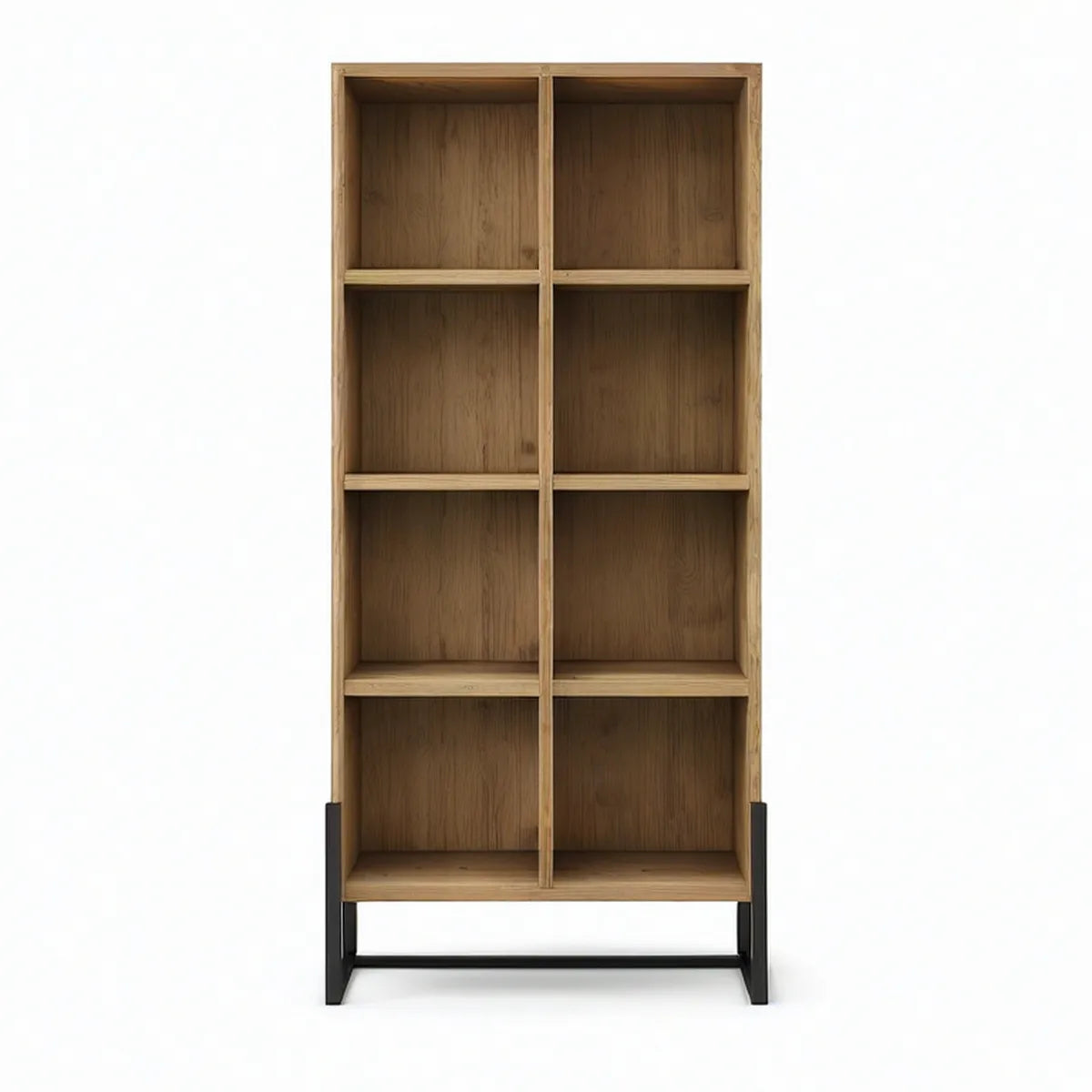 8-Cubby Oak Veneer MDF Bookcase with Black Steel Base, 31.5 x 15.7 x 78.7 in