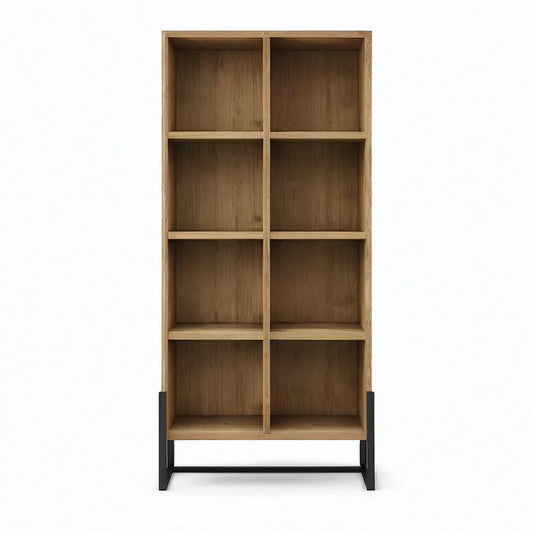 8-Cubby Oak Veneer MDF Bookcase with Black Steel Base, 31.5 x 15.7 x 78.7 in