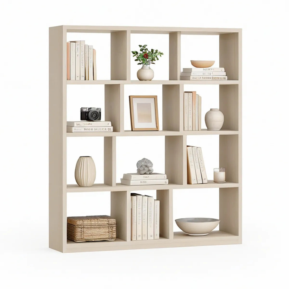 12-Cube 4-Tier Beige Engineered Wood Bookcase, 47.2 x 11.8 x 55.1 in