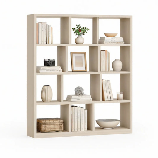 12-Cube 4-Tier Beige Engineered Wood Bookcase, 47.2 x 11.8 x 55.1 in