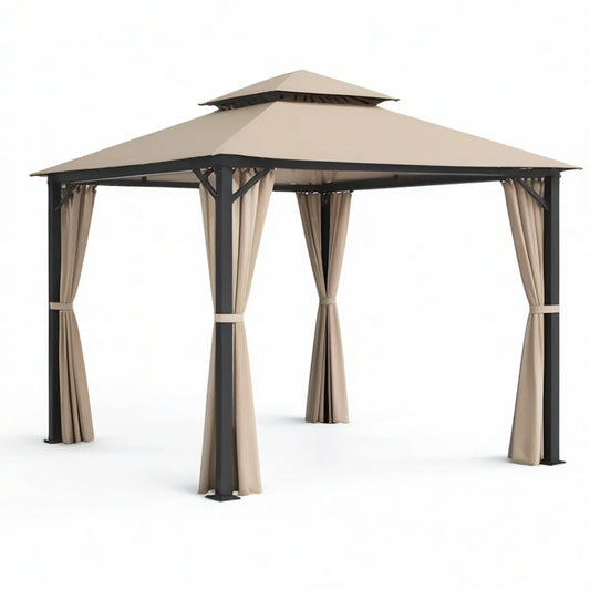 10 x 10 ft Steel Patio Gazebo with Double-Tier Polyester Canopy and Curtains, Black/Beige