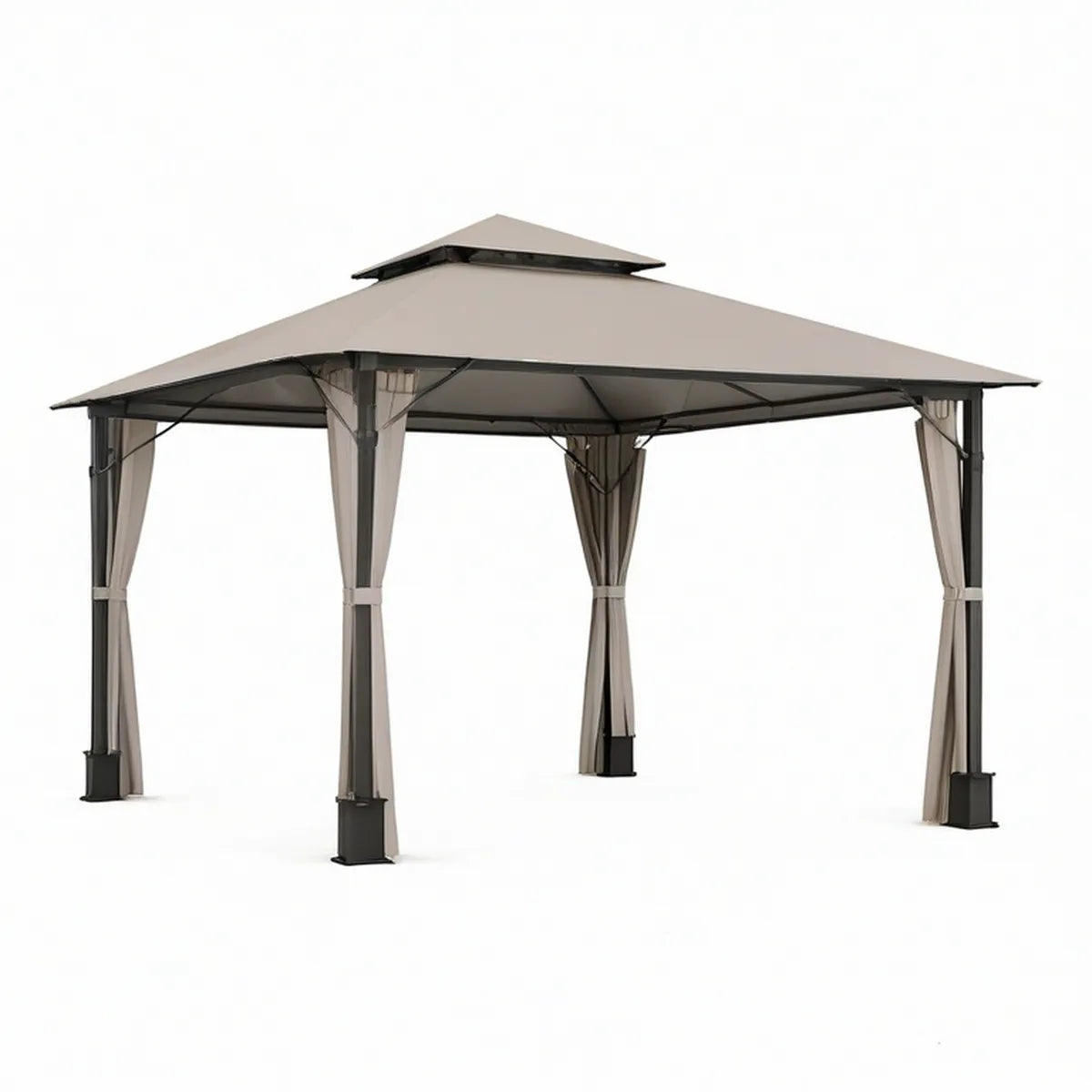 10 ft x 10 ft Taupe and Black Double-Tier Patio Canopy with Side Curtains