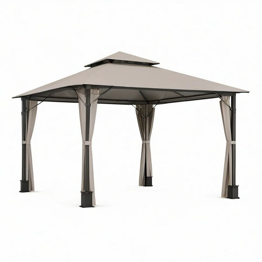 10 ft x 10 ft Taupe and Black Double-Tier Patio Canopy with Side Curtains