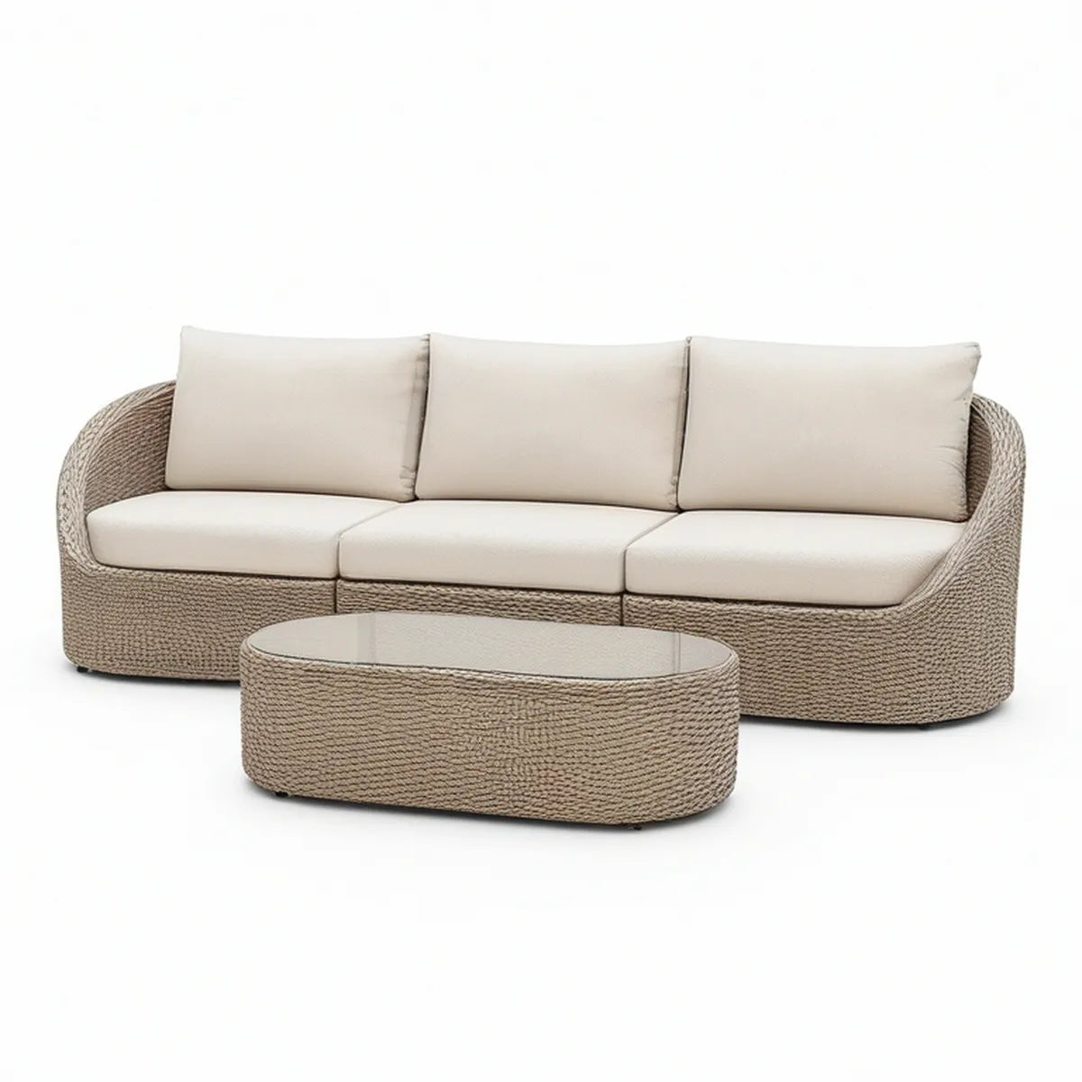Beige PE Rattan 3-Seat Curved Sofa with Ivory Cushions and Oval Glass Coffee Table, 220 x 85 x 75 cm