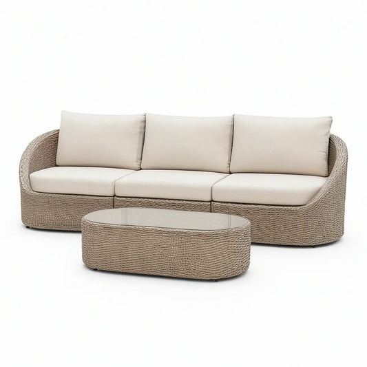 Beige PE Rattan 3-Seat Curved Sofa with Ivory Cushions and Oval Glass Coffee Table, 220 x 85 x 75 cm