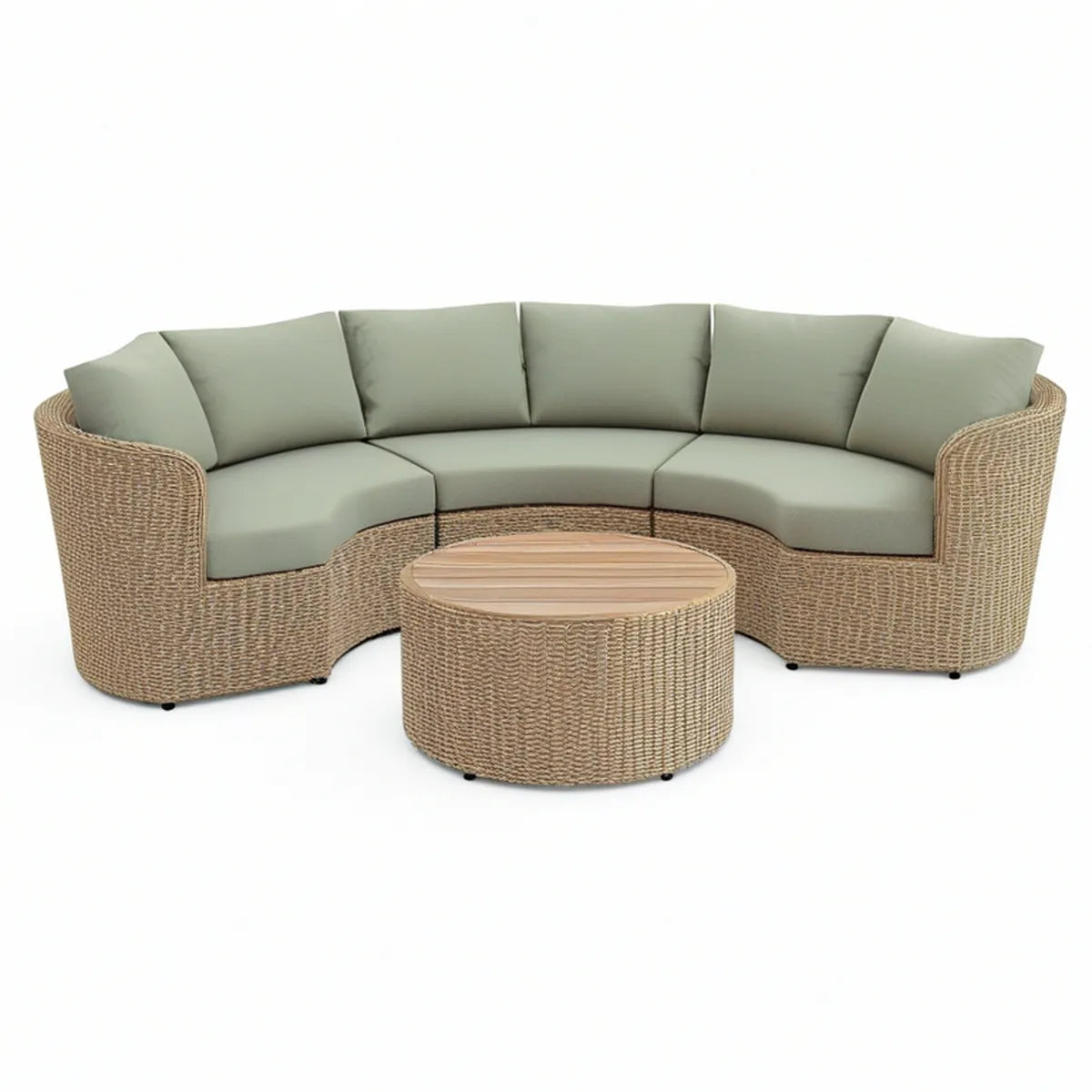 4-Piece Curved Outdoor Patio Sofa Set with Round Coffee Table, Beige/Sage Green/Natural Brown, 86.6 x 39.4 x 29.5 in
