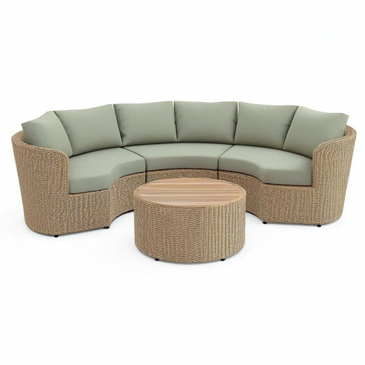 4-Piece Curved Outdoor Patio Sofa Set with Round Coffee Table, Beige/Sage Green/Natural Brown, 86.6 x 39.4 x 29.5 in