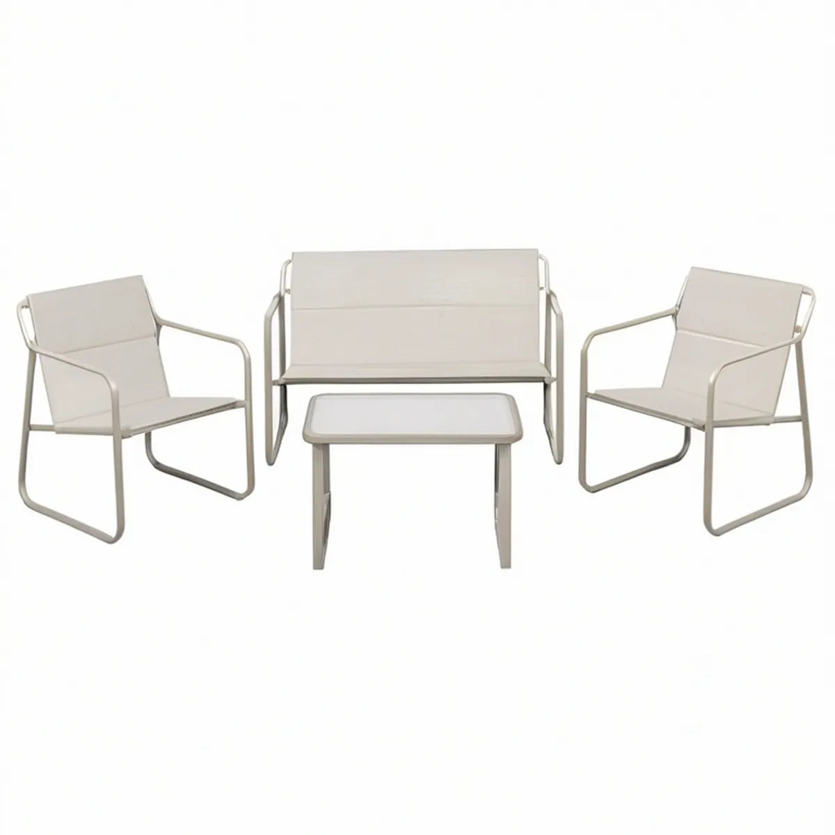 4-Piece White Steel and Polyester Patio Set with Loveseat, 2 Armchairs and Coffee Table, Loveseat 44.1 x 25.6 x 30.3 in