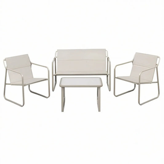 4-Piece White Steel and Polyester Patio Set with Loveseat, 2 Armchairs and Coffee Table, Loveseat 44.1 x 25.6 x 30.3 in