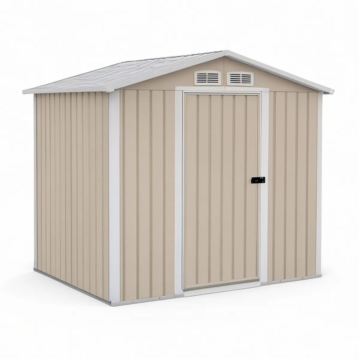 6.3 x 4.3 x 6.4 ft Galvanized Steel Gable Roof Storage Shed with Lockable Door, Beige/Light Gray