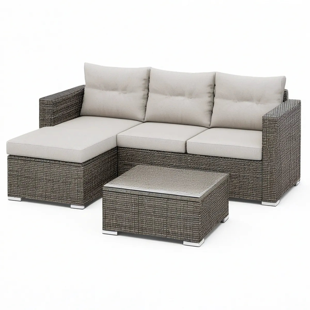 4-Piece Grey PE Rattan Sectional Sofa Set with Left Chaise and Coffee Table, 78.7 x 55.1 x 31.5 in