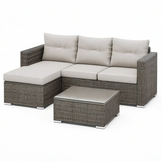 4-Piece Grey PE Rattan Sectional Sofa Set with Left Chaise and Coffee Table, 78.7 x 55.1 x 31.5 in
