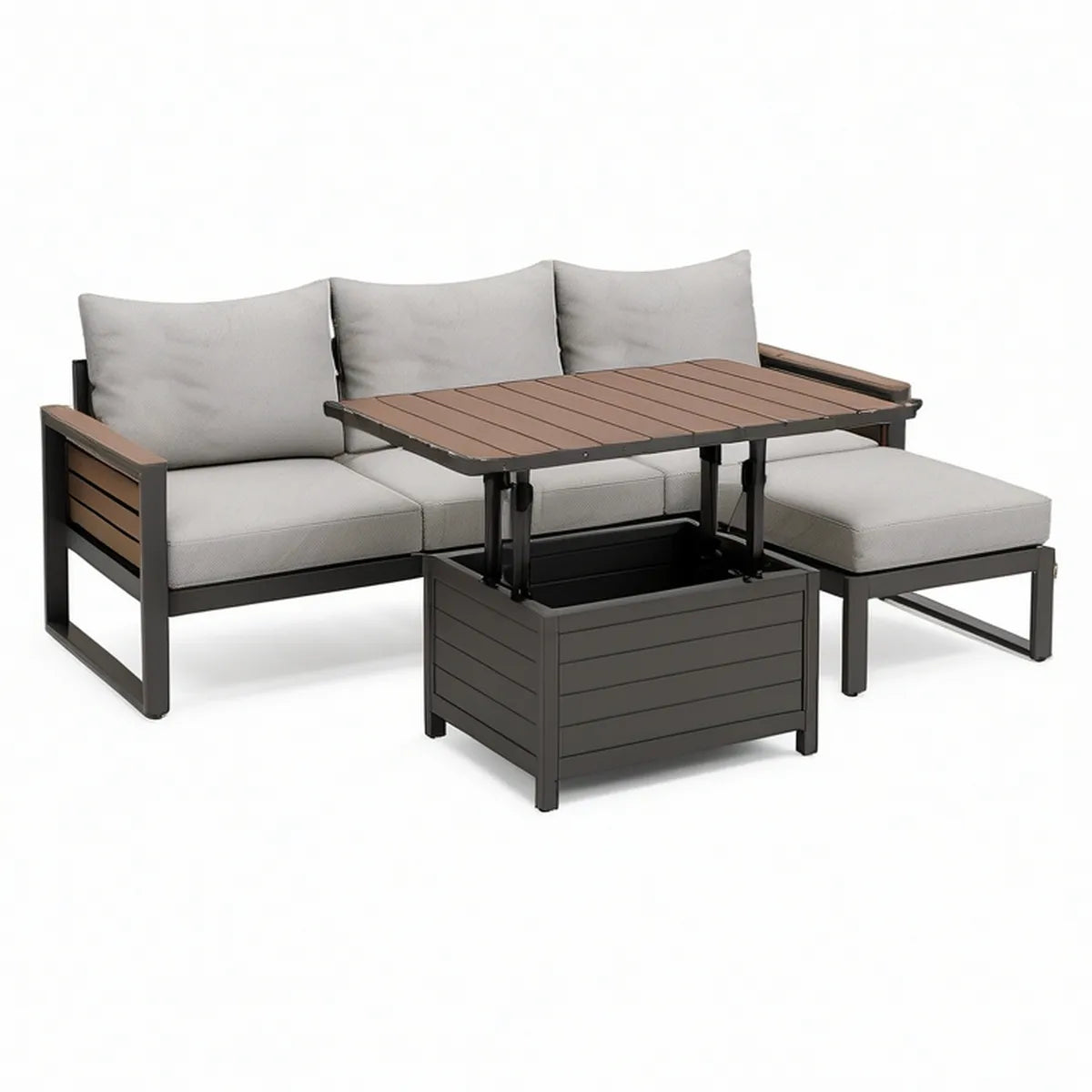 3-Piece L-Shaped Patio Conversation Set with Lift-Top Storage Table, 51.2 x 29.5 x 29.5 in, Black/Brown/Gray