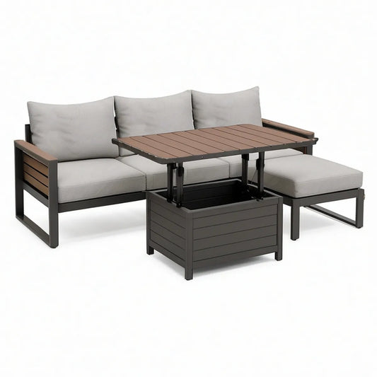 3-Piece L-Shaped Patio Conversation Set with Lift-Top Storage Table, 51.2 x 29.5 x 29.5 in, Black/Brown/Gray