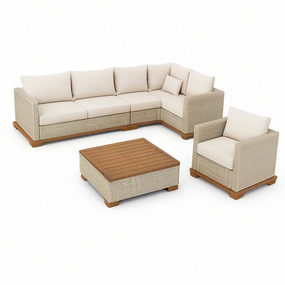 5-Piece L-Shaped Outdoor Sectional Sofa Set with Armchair and Acacia Wood Coffee Table, Beige/Brown, 106.3 x 78.7 x 29.5 in