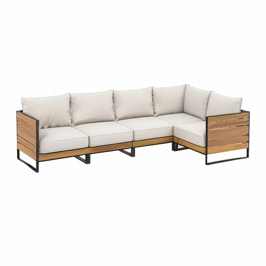Outdoor L-Shaped Sectional Sofa, 102.4 x 79.1 x 31.5 in, Natural Acacia Wood, Black Steel Frame, Beige Cushions
